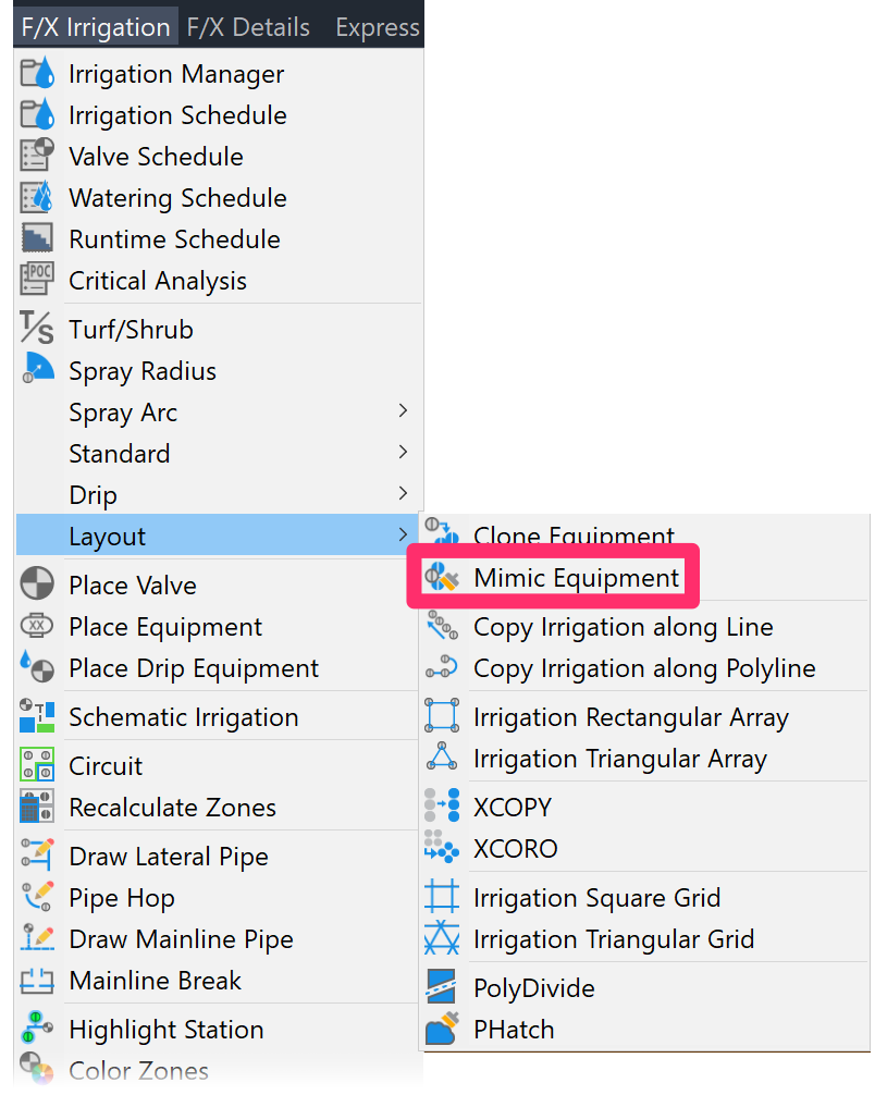 F/X Irrigation menu